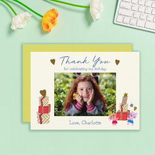 Playful Cats and Gifts Yellow Kids Birthday Photo Thank You Card