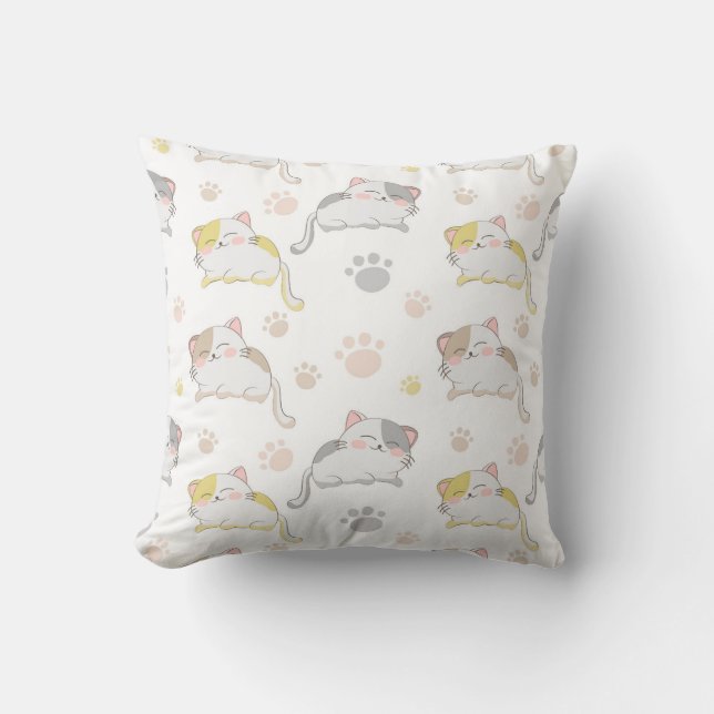 Playful Cats and Paw Prints Throw Pillow (Front)