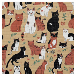 Playful Cats on a Tan Background Fabric