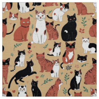 Playful Cats on a Tan Background Fabric