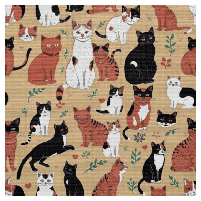 Playful Cats on a Tan Background Fabric (Swatch)
