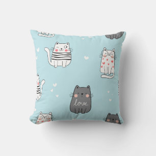 Playful Cats on Blue Pattern Throw Pillow