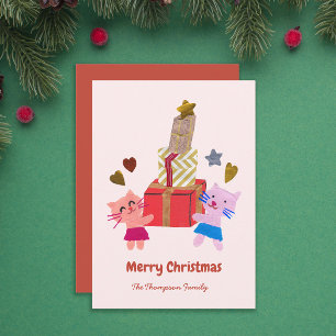 Playful cats with gift boxes baby pink  holiday card