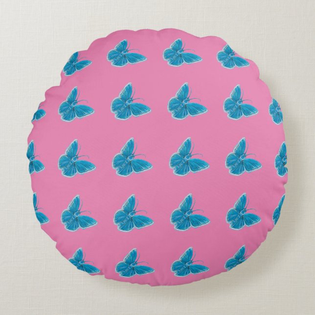 Playful Chapman's Blue Butterflies Flying Pattern Round Pillow (Front)