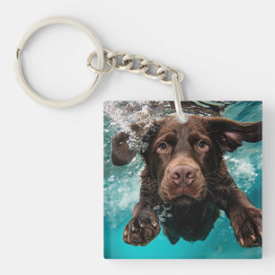 Playful Chocolate Labrador Swimming Underwater Keychain