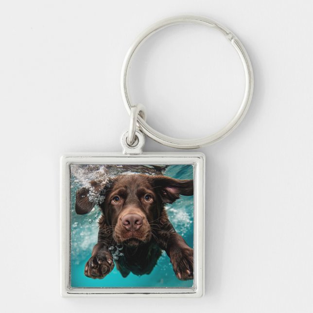 Playful Chocolate Labrador Swimming Underwater Keychain (Front)