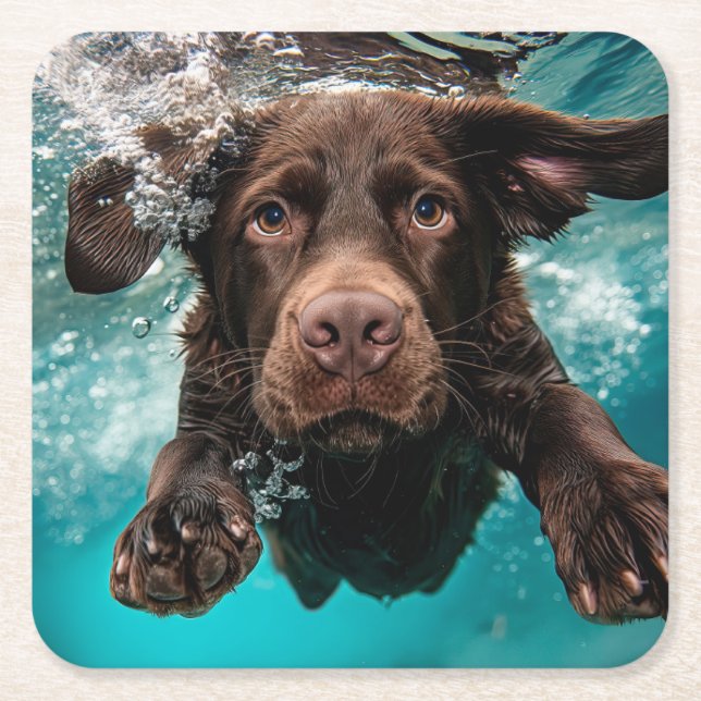 Playful Chocolate Labrador Swimming Underwater Square Paper Coaster (Front)