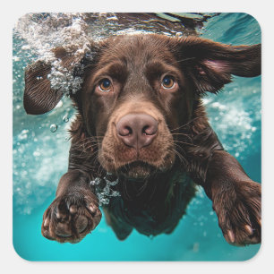 Playful Chocolate Labrador Swimming Underwater Square Sticker