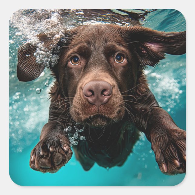 Playful Chocolate Labrador Swimming Underwater Square Sticker (Front)