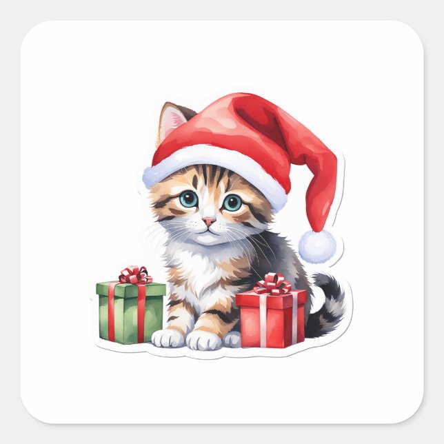 Playful Christmas Cat Sticker – Kitty with Gifts  (Front)