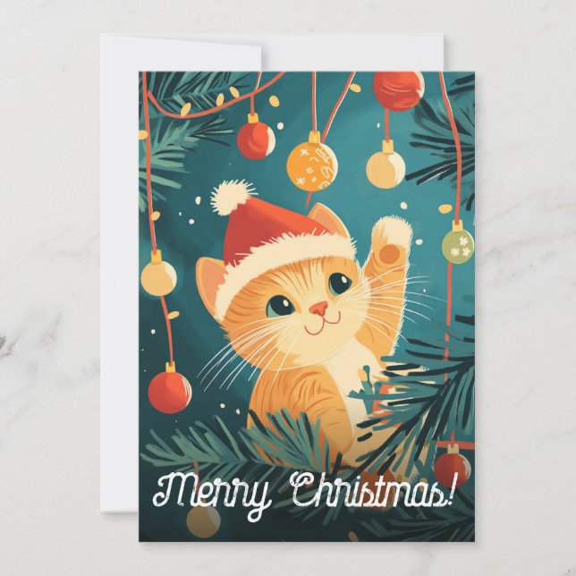 Playful Christmas Cat Tree Ornaments  Holiday Card (Front)