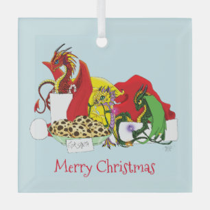 Playful Christmas Dragons Fantasy Milk Cookies Glass Ornament