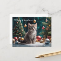 Playful Christmas Kitten by the Tree with Ornament
