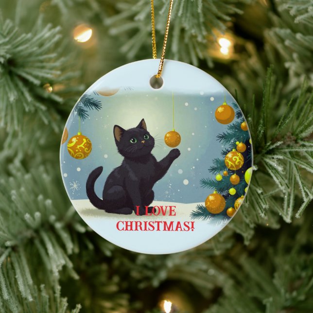 Playful Christmas Kitten Ceramic Ornament (Tree)