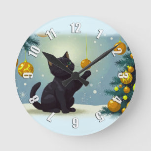 Playful Christmas Kitten Round Clock