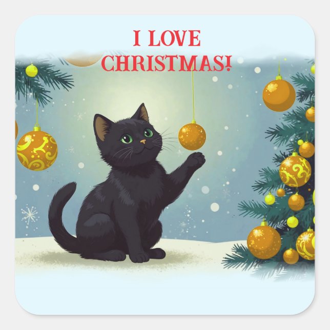 Playful Christmas Kitten Square Sticker (Front)