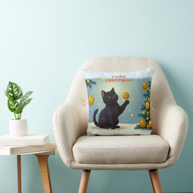 Playful Christmas Kitten Throw Pillow (Chair)