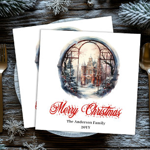 Playful Christmas scene napkin red green decor tag