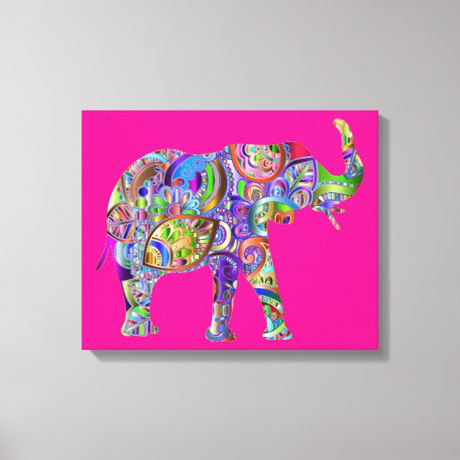 Playful Colorful Elephant Art on Fuchsia Canvas    (Front)