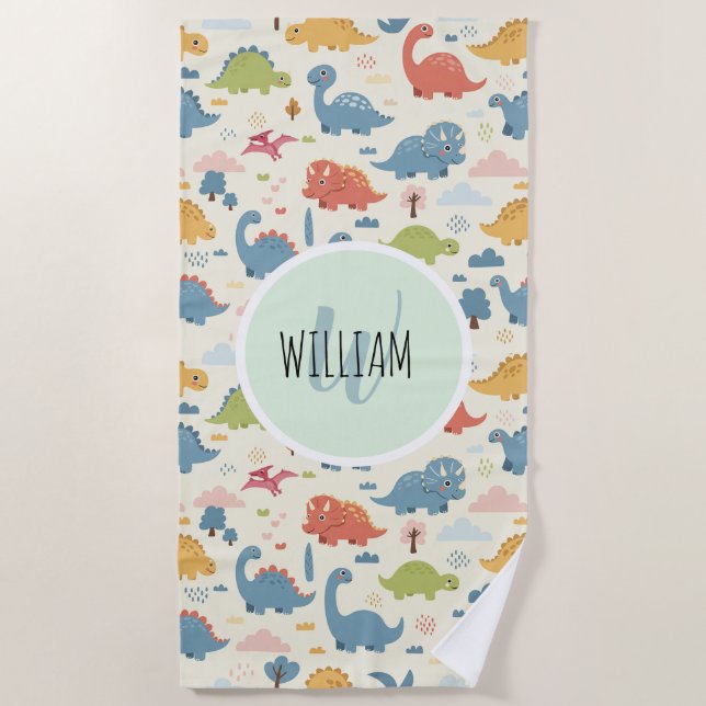 Playful Colourful Dinosaur Pattern Personalized Beach Towel (Front)