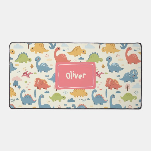 Playful Colourful Dinosaur Pattern Personalized Desk Mat (Front)