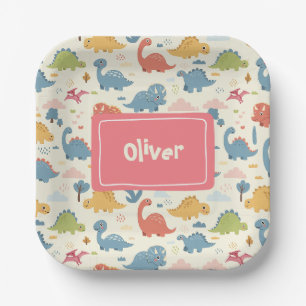 Playful Colourful Dinosaur Pattern Personalized Paper Plate