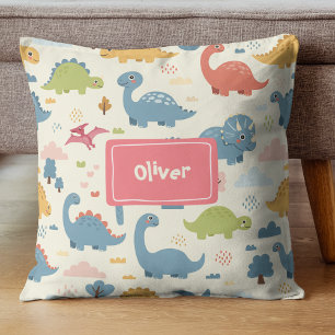 Playful Colourful Dinosaur Pattern Personalized Throw Pillow
