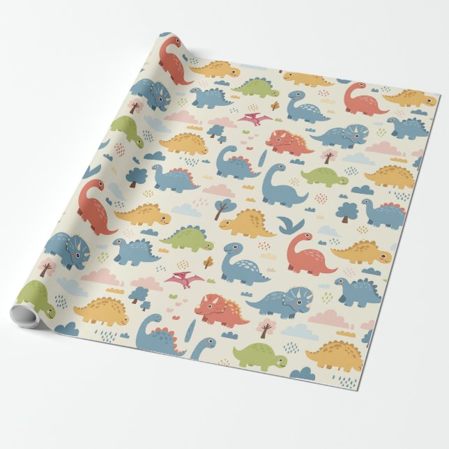Playful Colourful Dinosaur Pattern Personalized Wrapping Paper (Unrolled)