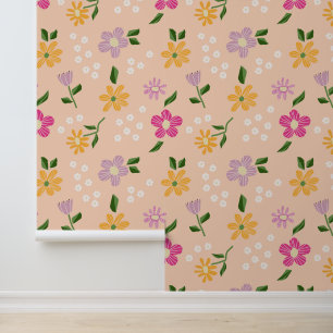 Playful Colourful Flowers on Pink Wallpaper