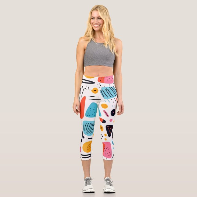 Playful Colourful Geometric Memphis Style Pattern Capri Leggings (Front)