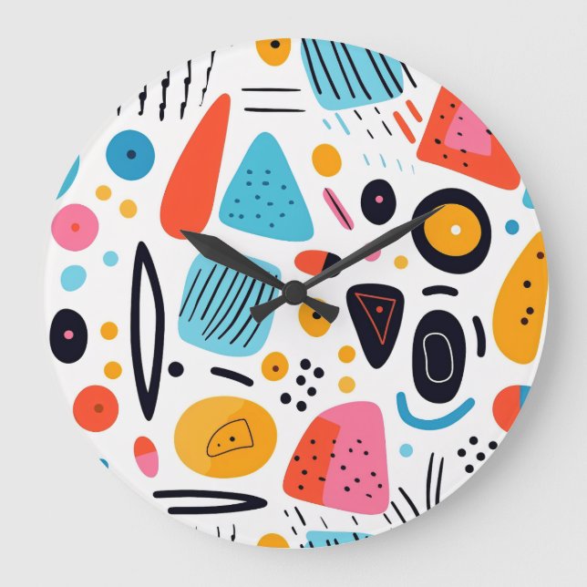 Playful Colourful Geometric Memphis Style Pattern Large Clock (Front)