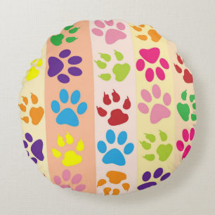 Playful Colourful Paw Prints Round Decorative Thro Pillow