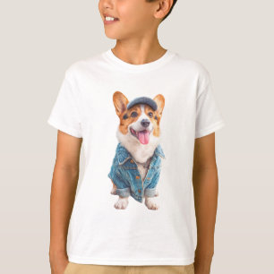 Playful Corgi in Blue Denim Kids T-Shirt
