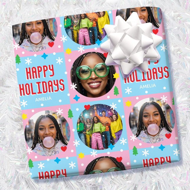 Playful Custom Photo Text Retro Blue Christmas  Wrapping Paper (Creator Uploaded)