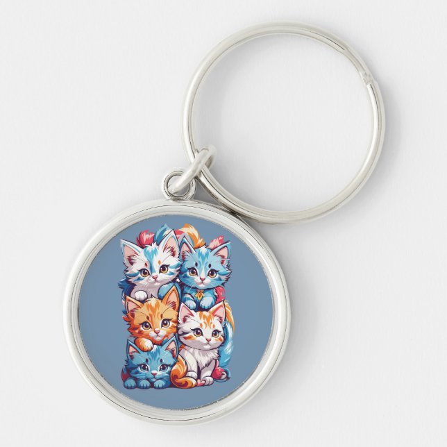 Playful Cute Kawaii Kitties Keychain (Front)