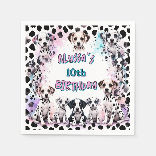 Playful Dalmatian Puppies Birthday Party Napkin (Front)