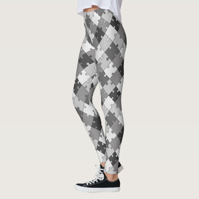 Playful Diagonal Jigsaw Puzzle Grey Tones Leggings (Left)