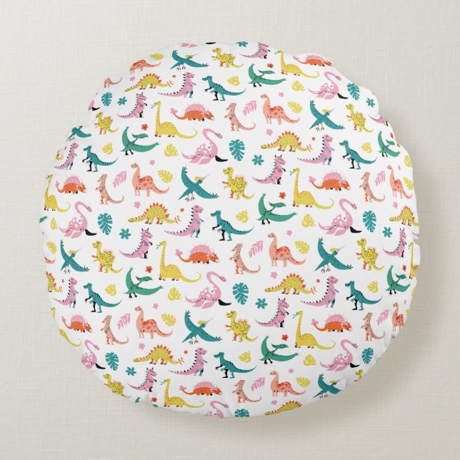 Playful Dinosaur Parade Pattern Round Pillow (Front)