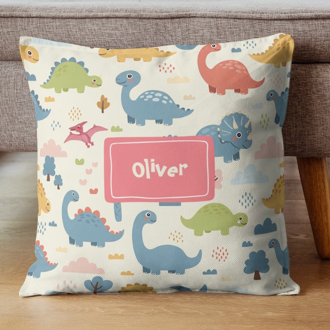 Playful Dinosaur Pattern Personalized Throw Pillow (Creator Uploaded)