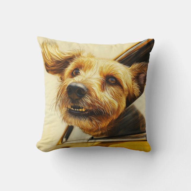 Playful Dog Enjoying Car Ride Art Print Throw Pillow (Front)