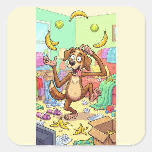 Playful Dog Monkey – Colourful Juggling Chaos Square Sticker