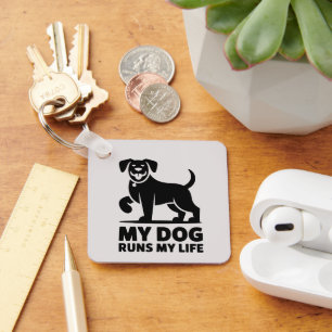 Playful Dog Outline "My Dog Runs My Life" Art Keychain