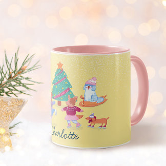 Playful Dogs Ice Skating Pastel Yellow  Name Mug