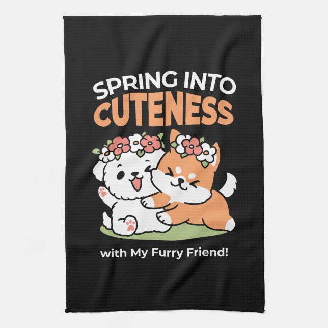 Playful Dogs with Flower Crowns – Fun Spring Theme Kitchen Towel (Vertical)