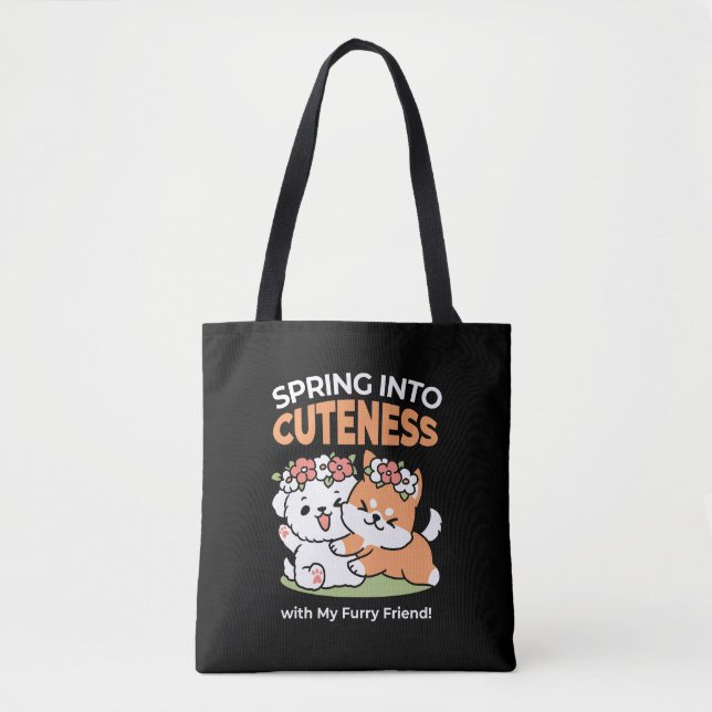 Playful Dogs with Flower Crowns – Fun Spring Theme Tote Bag (Front)