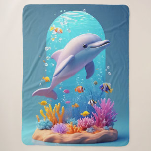 Playful Dolphin amidst Colorful Tropical Fish Sherpa Blanket