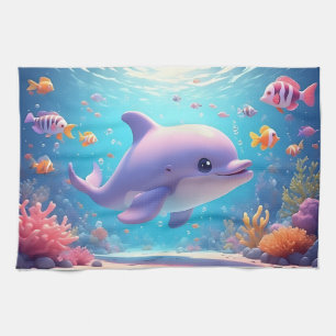 Playful Dolphin amidst Colourful Tropical Fish Kitchen Towel