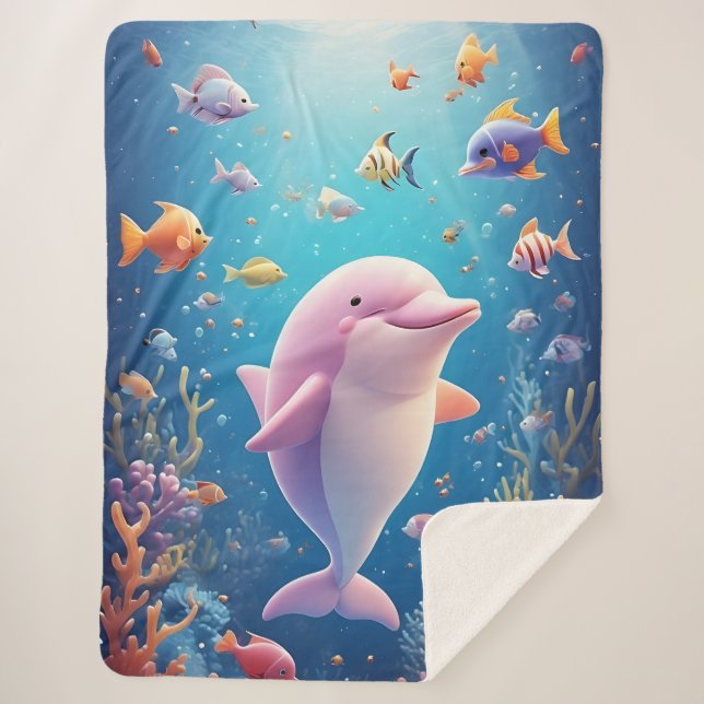 Playful Dolphin amidst Colourful Tropical Fish Sherpa Blanket (Front)