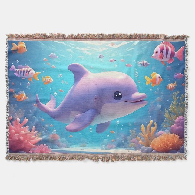 Playful Dolphin amidst Colourful Tropical Fish Throw Blanket (Front)