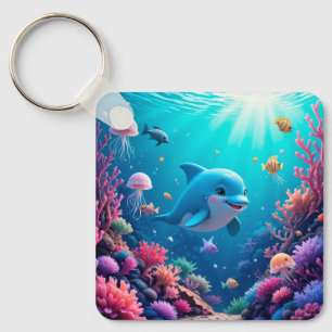 Playful Dolphin and Colourful Marine Life Keychain